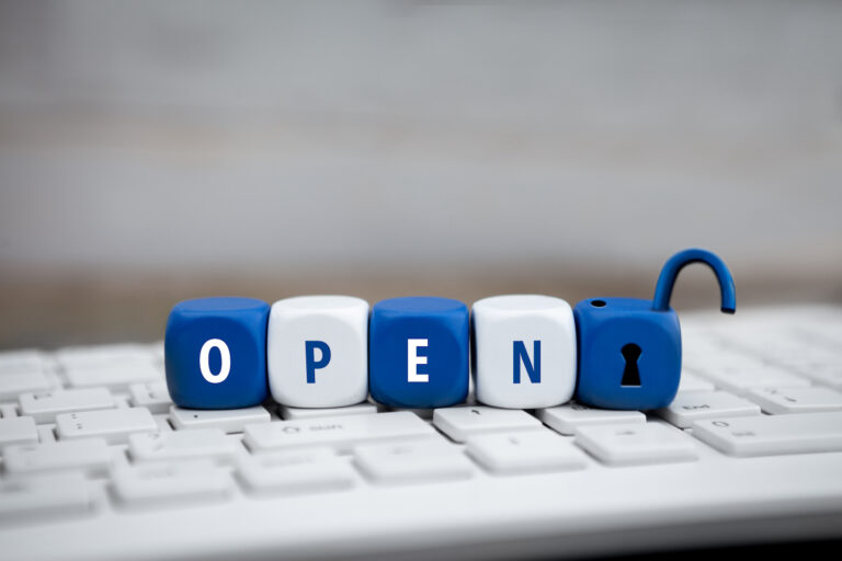 open data Letter dice with blue and white color and open text and open lock icon