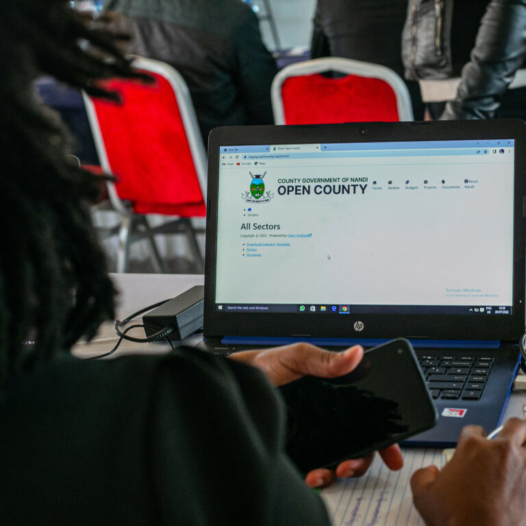 Member of Nandi statistics team looks at a screen displaying the Data Desk back-end Member of Nandi statistics team looks at a screen displaying the Data Desk back-end